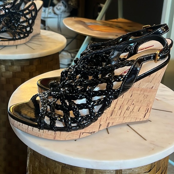 Prada, Black Wedge Sandals, leather 37.5 (US 7) - Picture 3 of 11